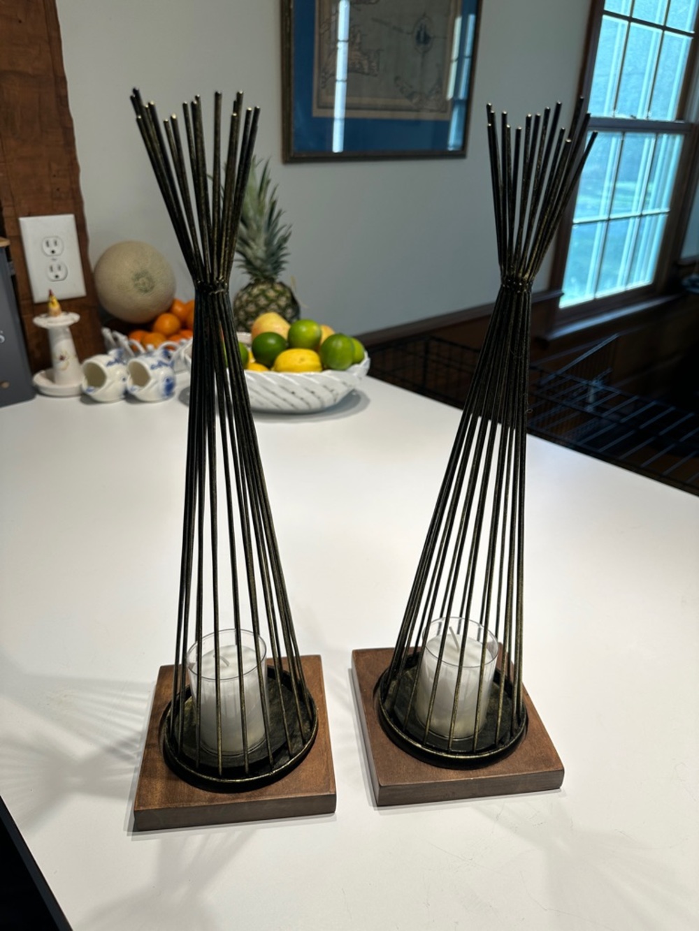 MCM Brutalist Metal Wire & Wood Candle Holders (Pair) - Home Accents